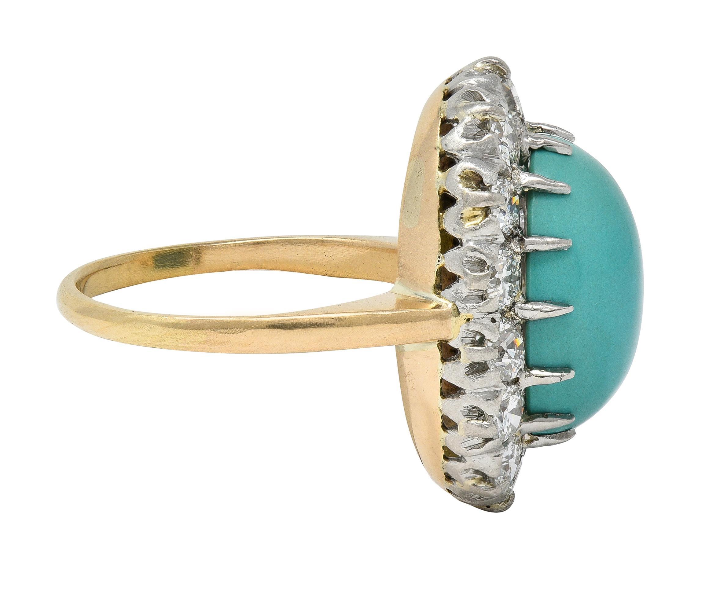 Edoardiano Edwardian Turquoise Diamond Platinum 14 Karat Yellow Gold Antique Halo Ring in vendita