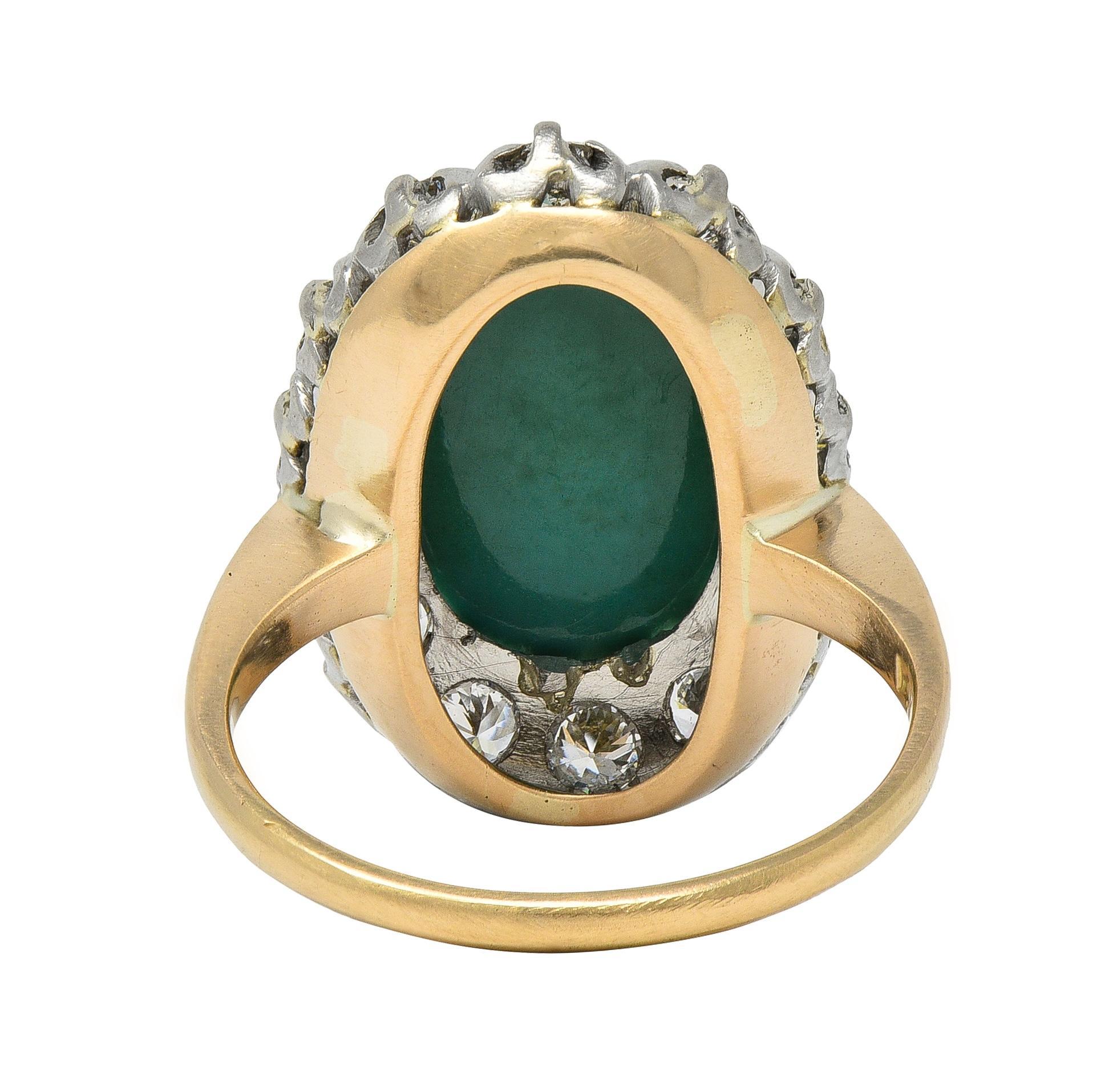 Cabochon Edwardian Turquoise Diamond Platinum 14 Karat Yellow Gold Antique Halo Ring in vendita