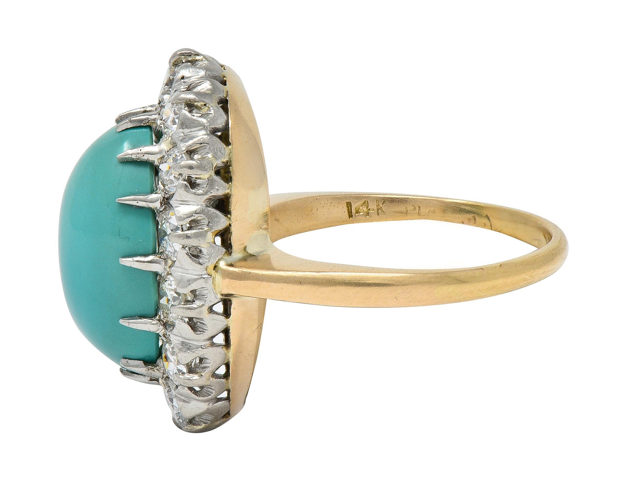 Edwardian Turquoise Diamond Platinum 14 Karat Yellow Gold Antique Halo Ring In condizioni ottime in vendita a Philadelphia, PA
