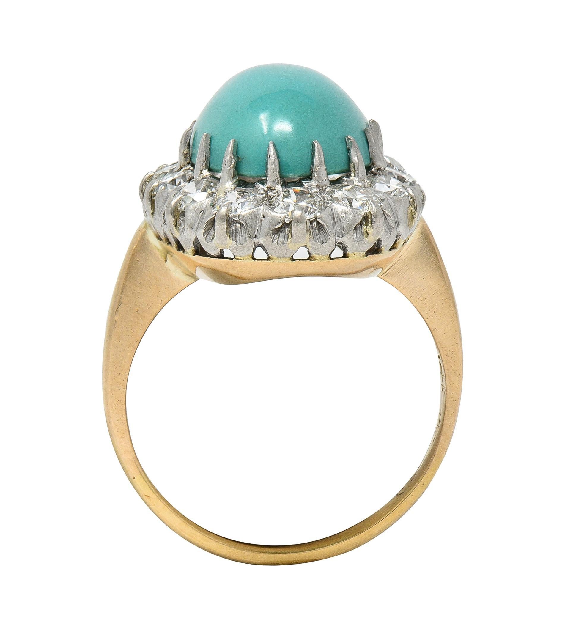 Edwardian Turquoise Diamond Platinum 14 Karat Yellow Gold Antique Halo Ring in vendita 1