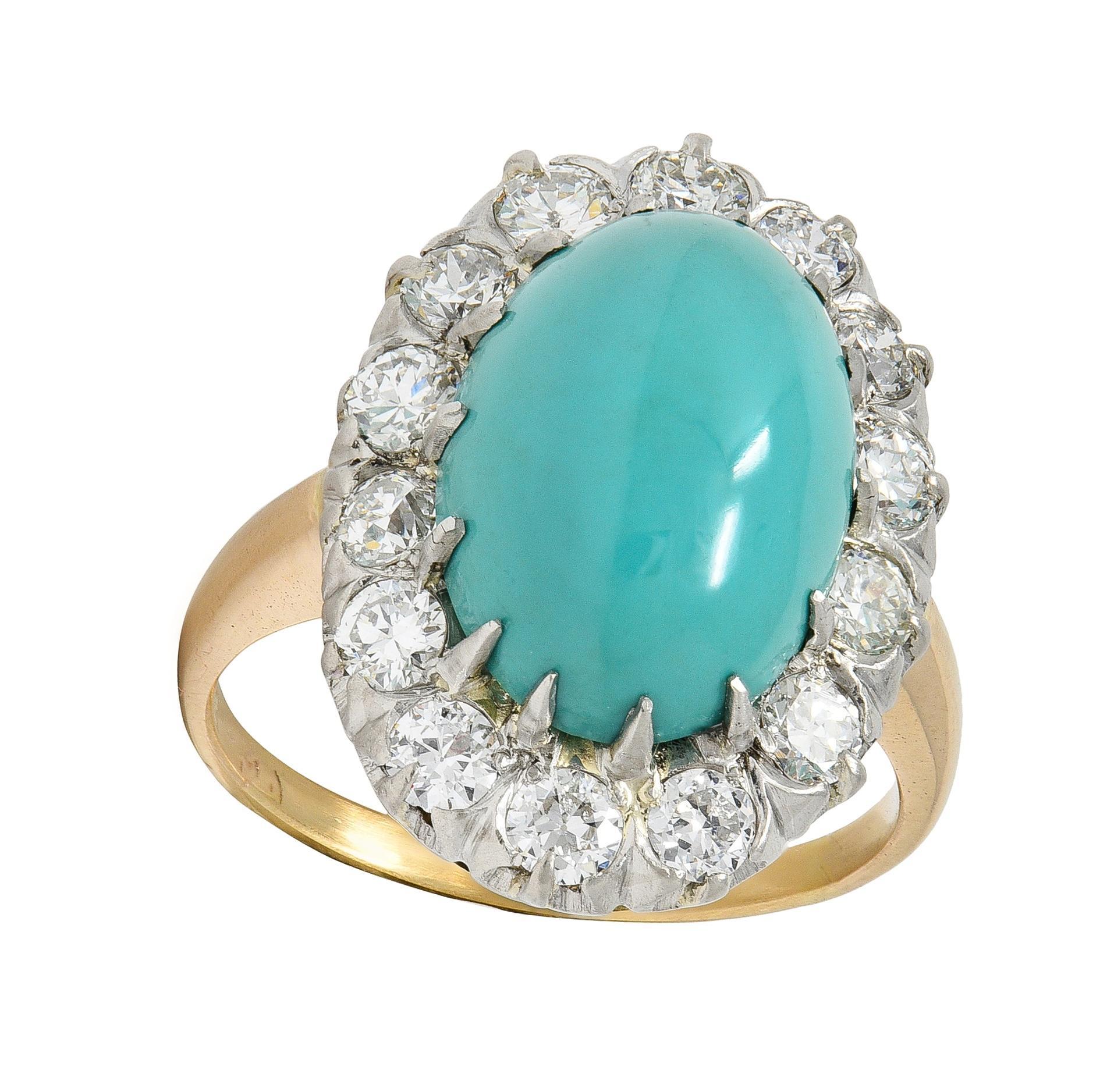 Edwardian Turquoise Diamond Platinum 14 Karat Yellow Gold Antique Halo Ring in vendita 2