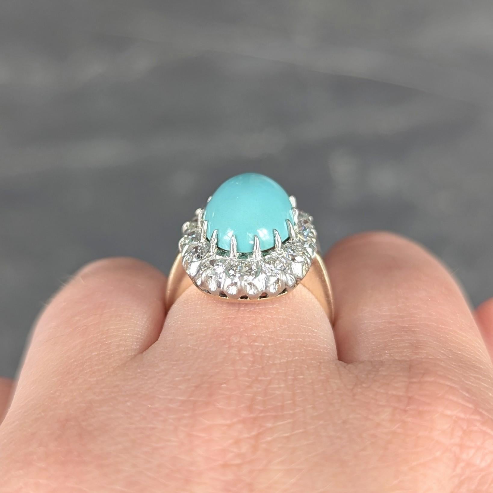 Edwardian Turquoise Diamond Platinum 14 Karat Yellow Gold Antique Halo Ring in vendita 3