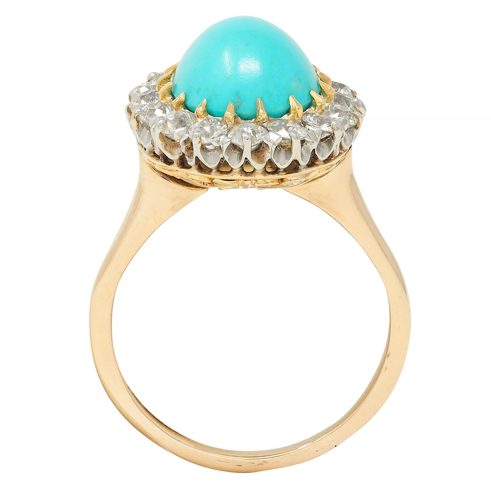 Edwardian Turquoise European Diamond Platinum 14K Yellow Gold Antique Halo Ring For Sale 5