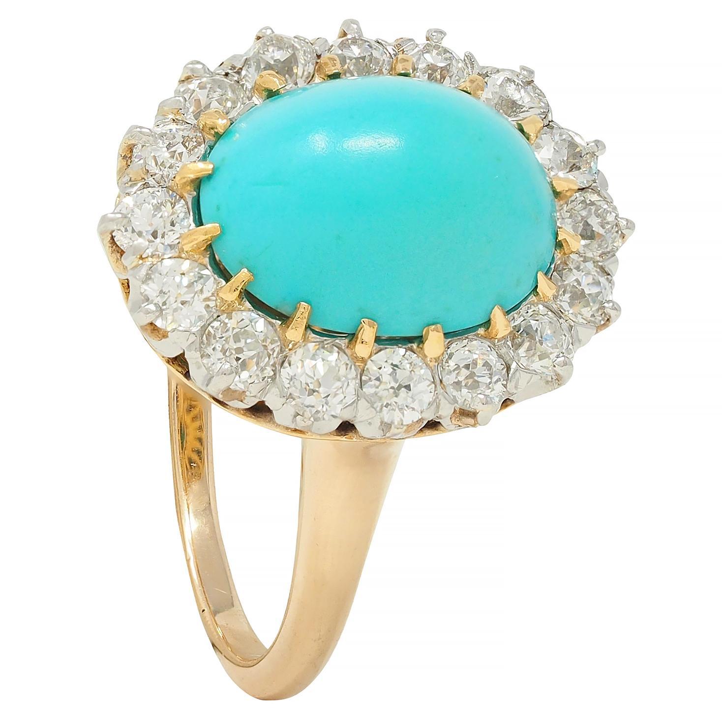Edwardian Turquoise European Diamond Platinum 14K Yellow Gold Antique Halo Ring For Sale 6