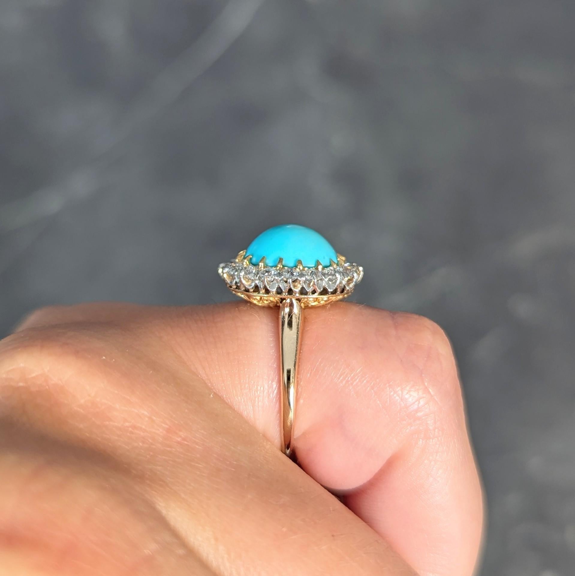 Edwardian Turquoise European Diamond Platinum 14K Yellow Gold Antique Halo Ring For Sale 10