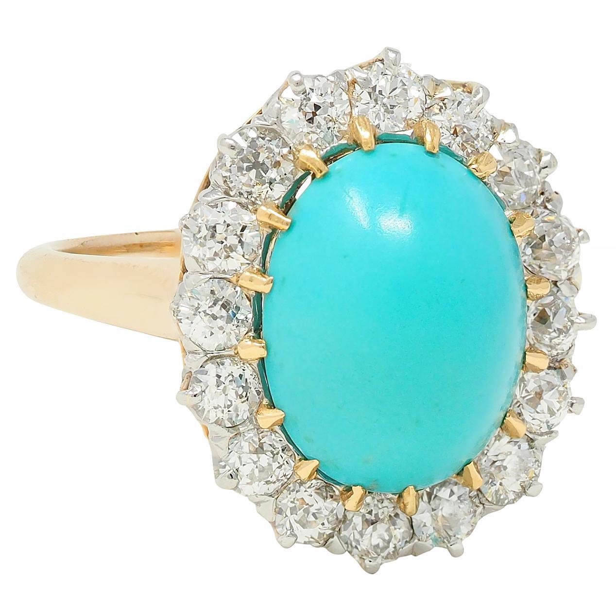 Cabochon Edwardian Turquoise European Diamond Platinum 14K Yellow Gold Antique Halo Ring For Sale