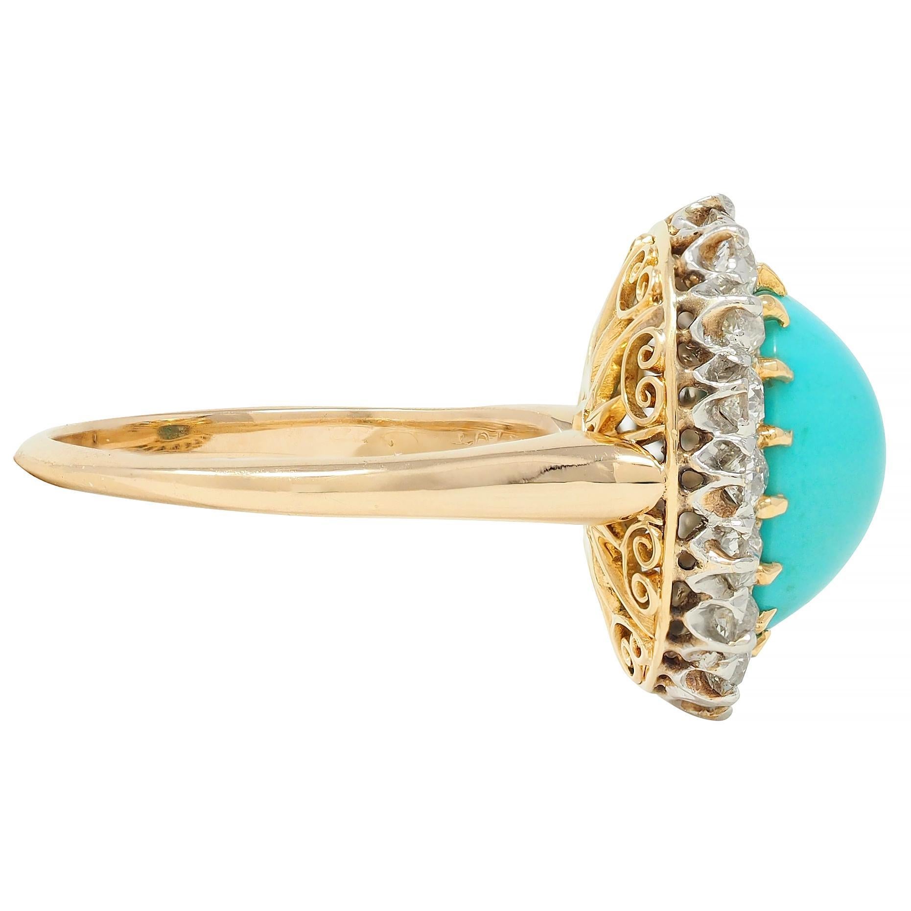 Edwardian Turquoise European Diamond Platinum 14K Yellow Gold Antique Halo Ring In Excellent Condition For Sale In Philadelphia, PA