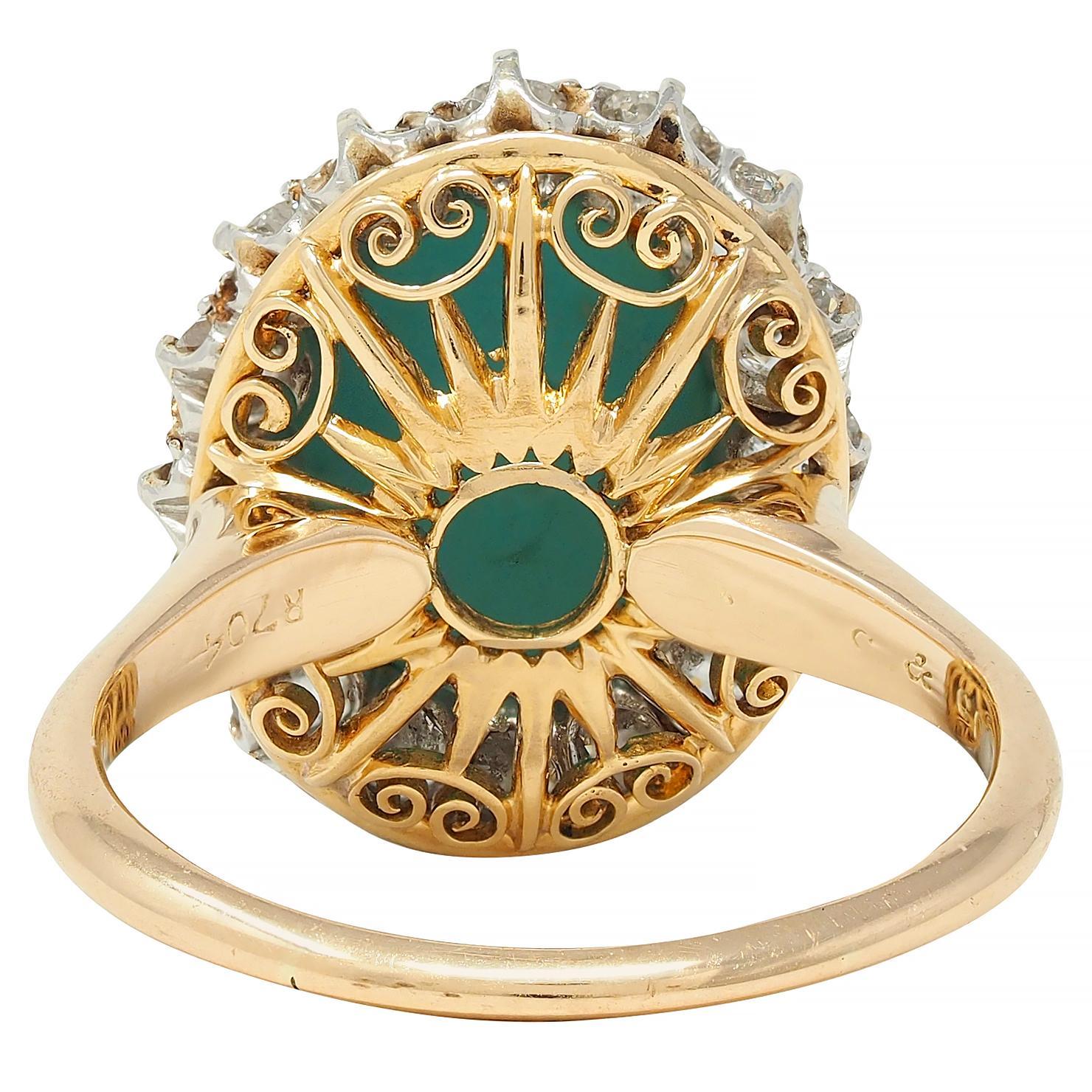 Women's Edwardian Turquoise European Diamond Platinum 14K Yellow Gold Antique Halo Ring For Sale