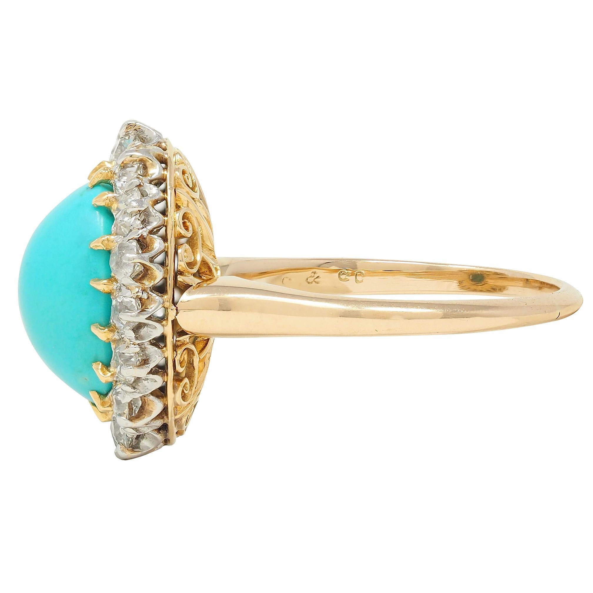 Edwardian Turquoise European Diamond Platinum 14K Yellow Gold Antique Halo Ring For Sale 1