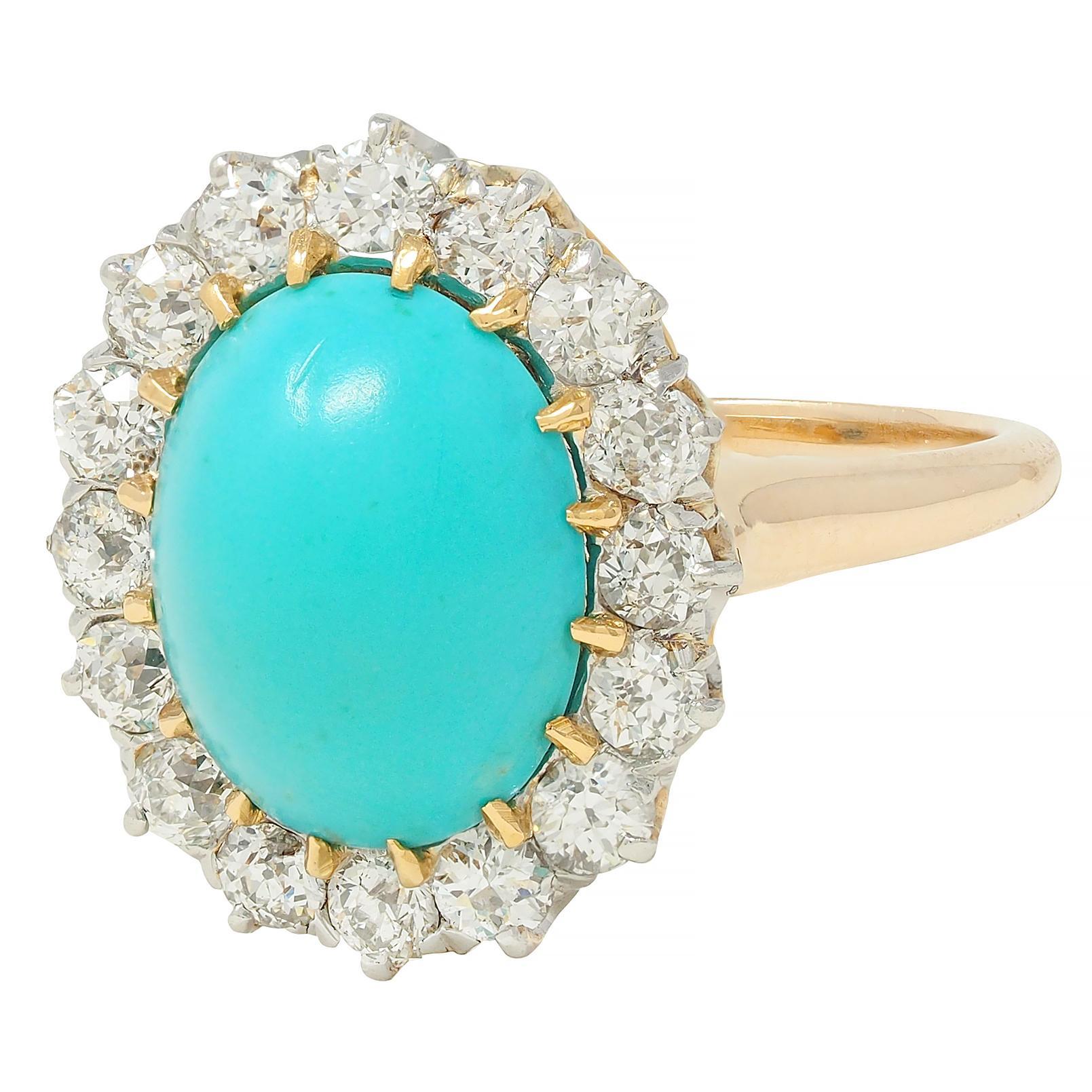 Edwardian Turquoise European Diamond Platinum 14K Yellow Gold Antique Halo Ring For Sale 2