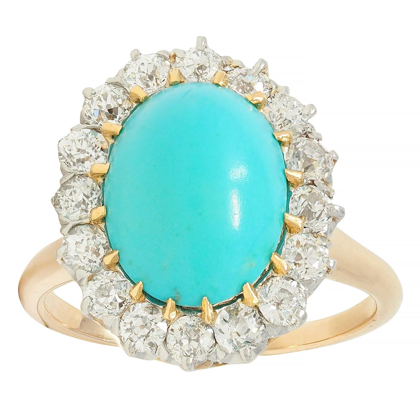 Edwardian Turquoise European Diamond Platinum 14K Yellow Gold Antique Halo Ring For Sale 4