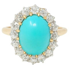 Edwardian Turquoise European Diamond Platinum 14K Yellow Gold Antique Halo Ring