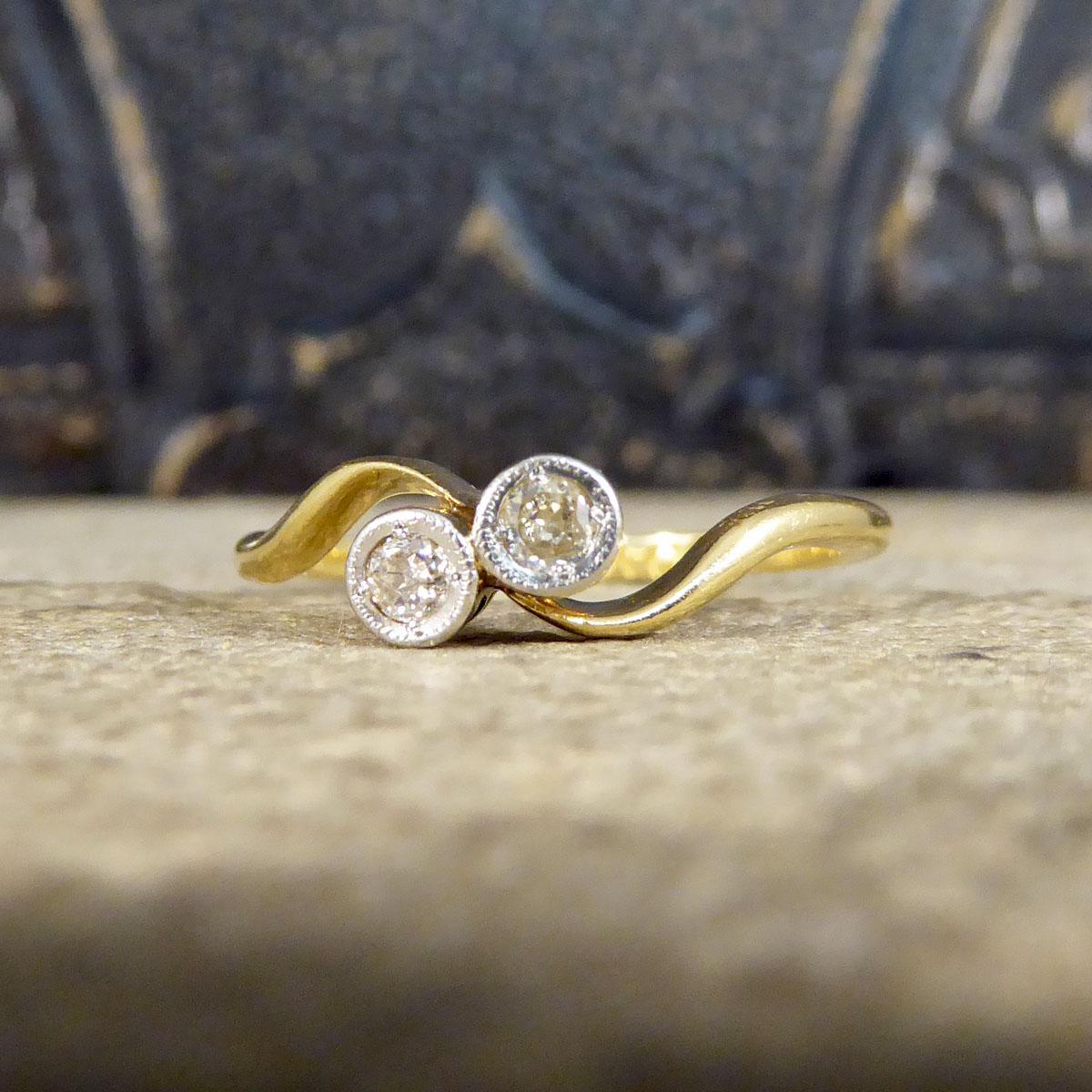 Women's or Men's Edwardian Two Stone Diamond Twist Ring in 18ct Yellow Gold and Platinum