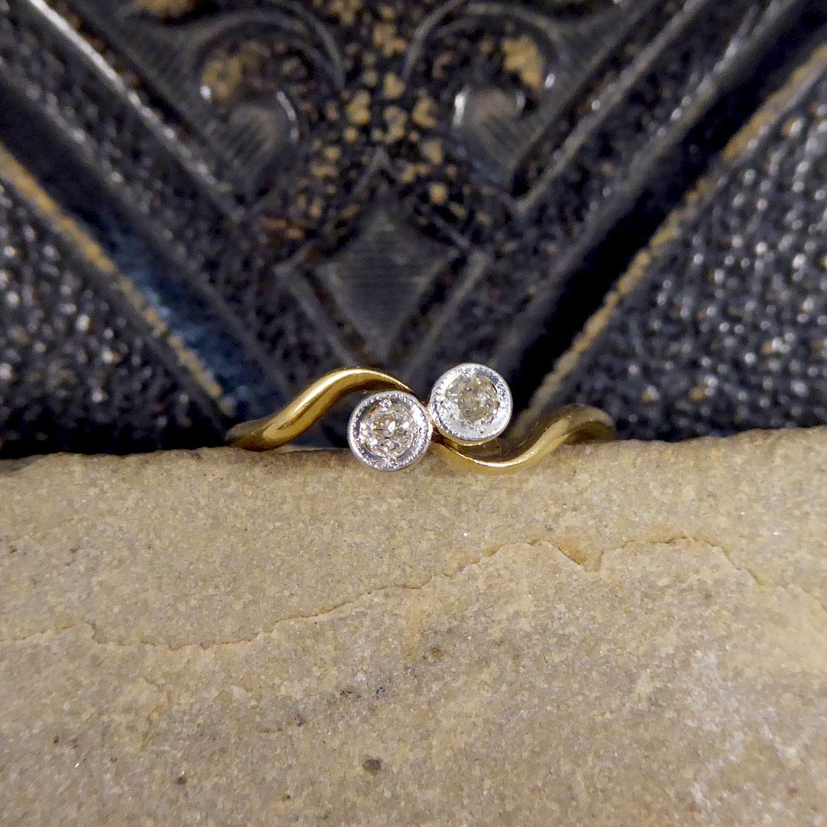 Edwardian Two Stone Diamond Twist Ring in 18ct Yellow Gold and Platinum 4