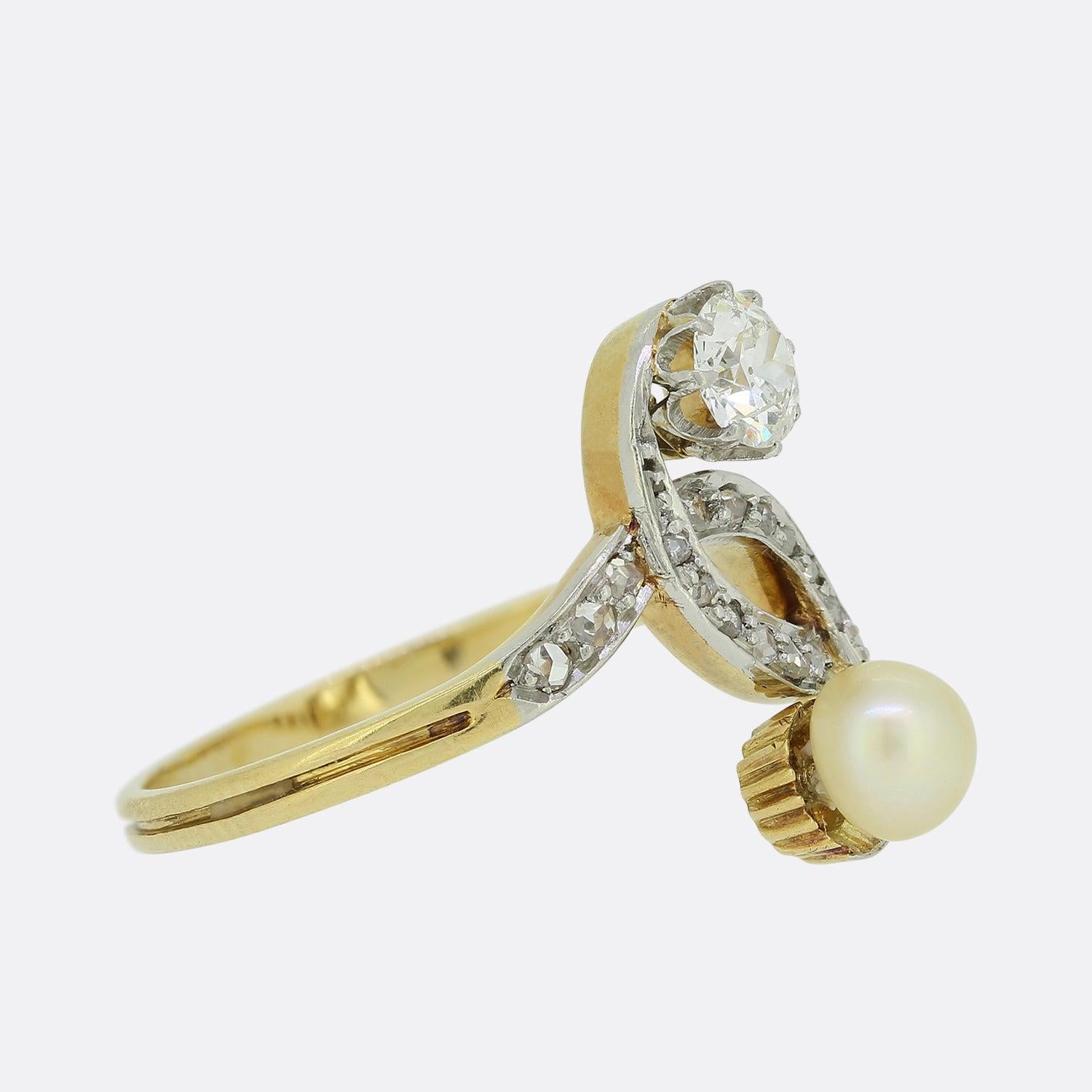 Round Cut Edwardian Two Stone Pearl and Diamond Crossover Ring For Sale