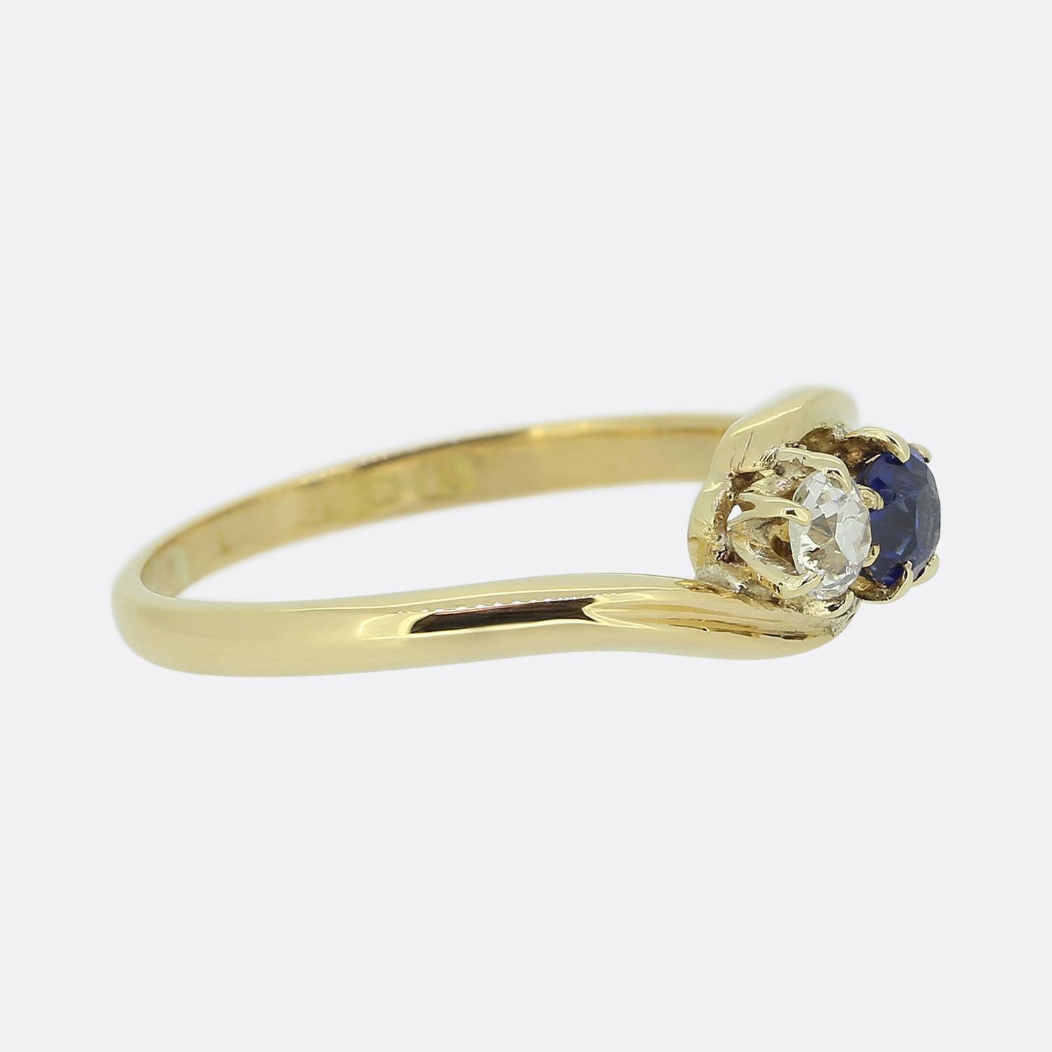 Round Cut Edwardian Two-Stone Sapphire and Diamond Ring For Sale