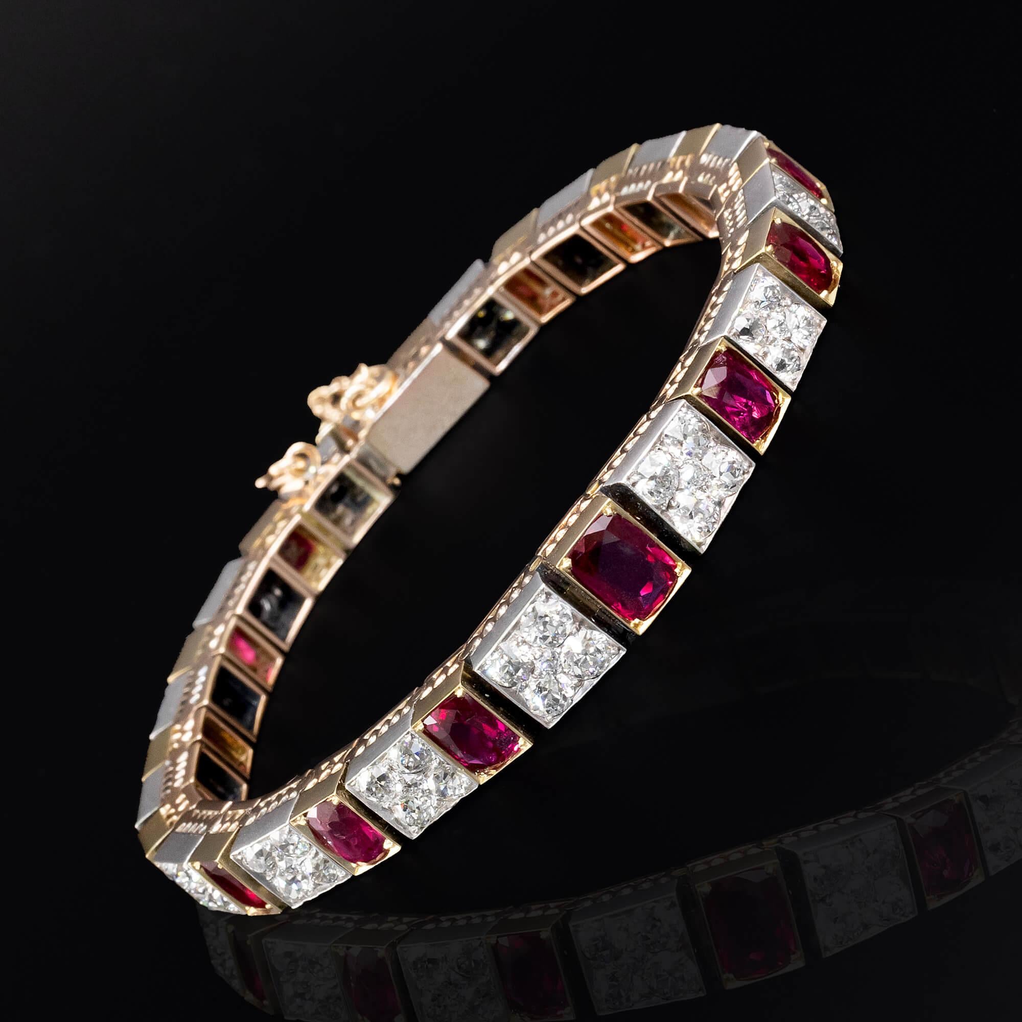 Women's or Men's Edwardian Two Tone Ruby & Diamond Bracelet Circa 1910 For Sale