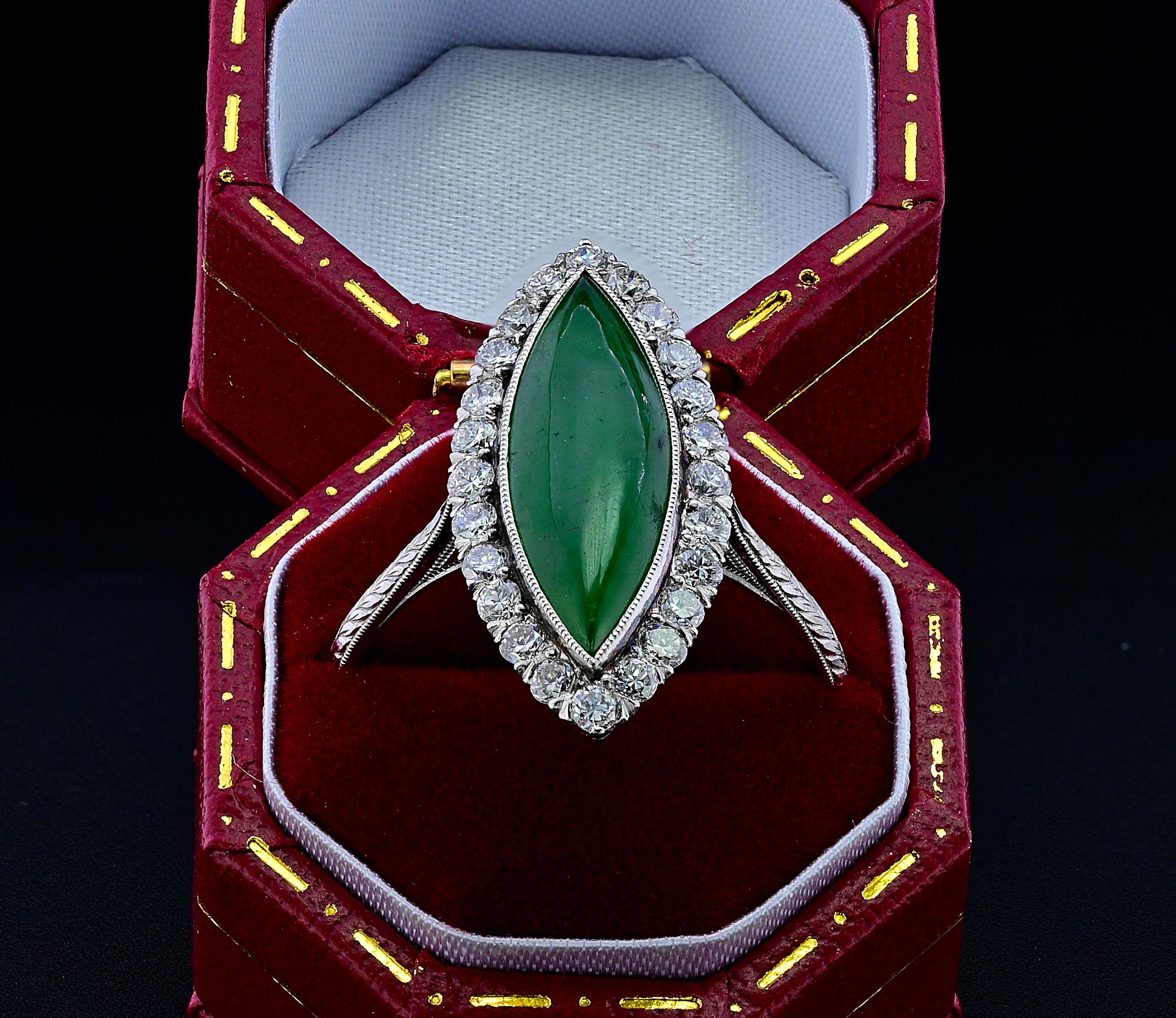 Marquise Cut Edwardian Untreated 2.7 Ct Green Jade Diamond Platinum Ring For Sale