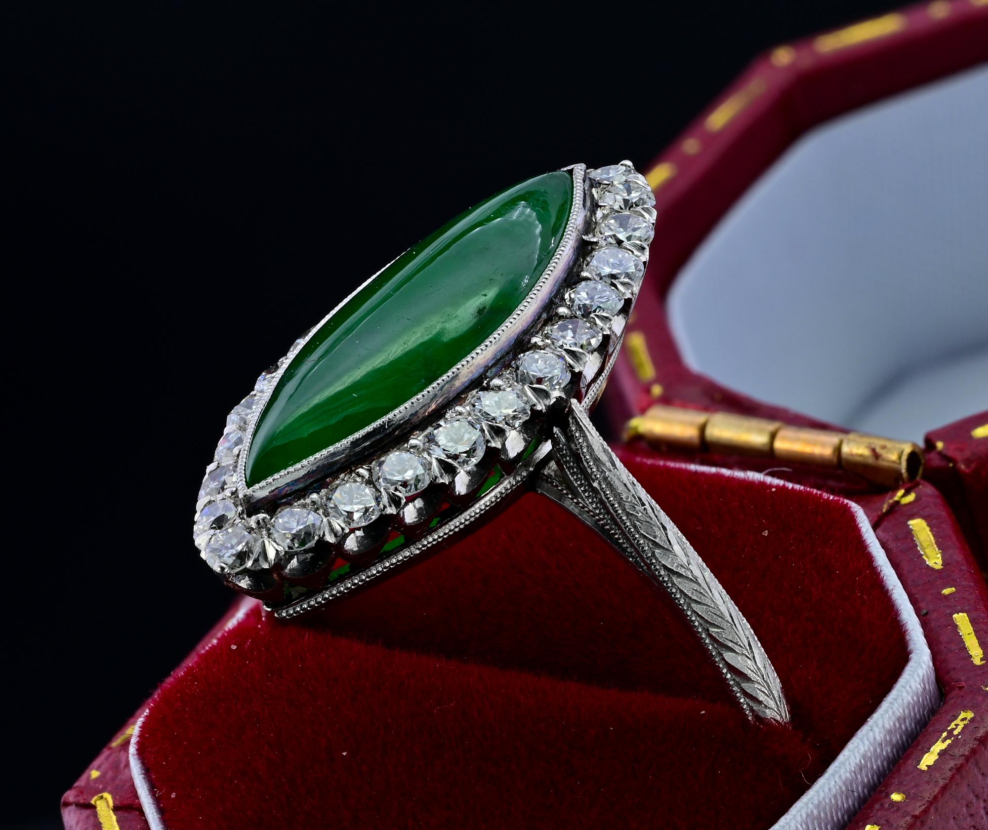 Women's or Men's Edwardian Untreated 2.7 Ct Green Jade Diamond Platinum Ring For Sale