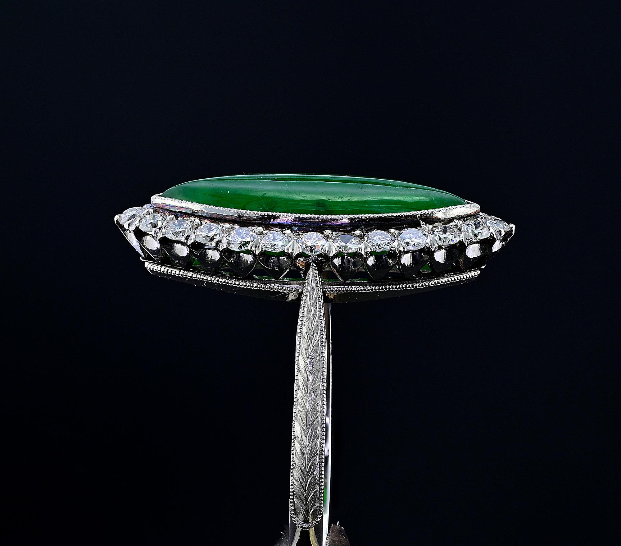 Edwardian Untreated 2.7 Ct Green Jade Diamond Platinum Ring For Sale 1