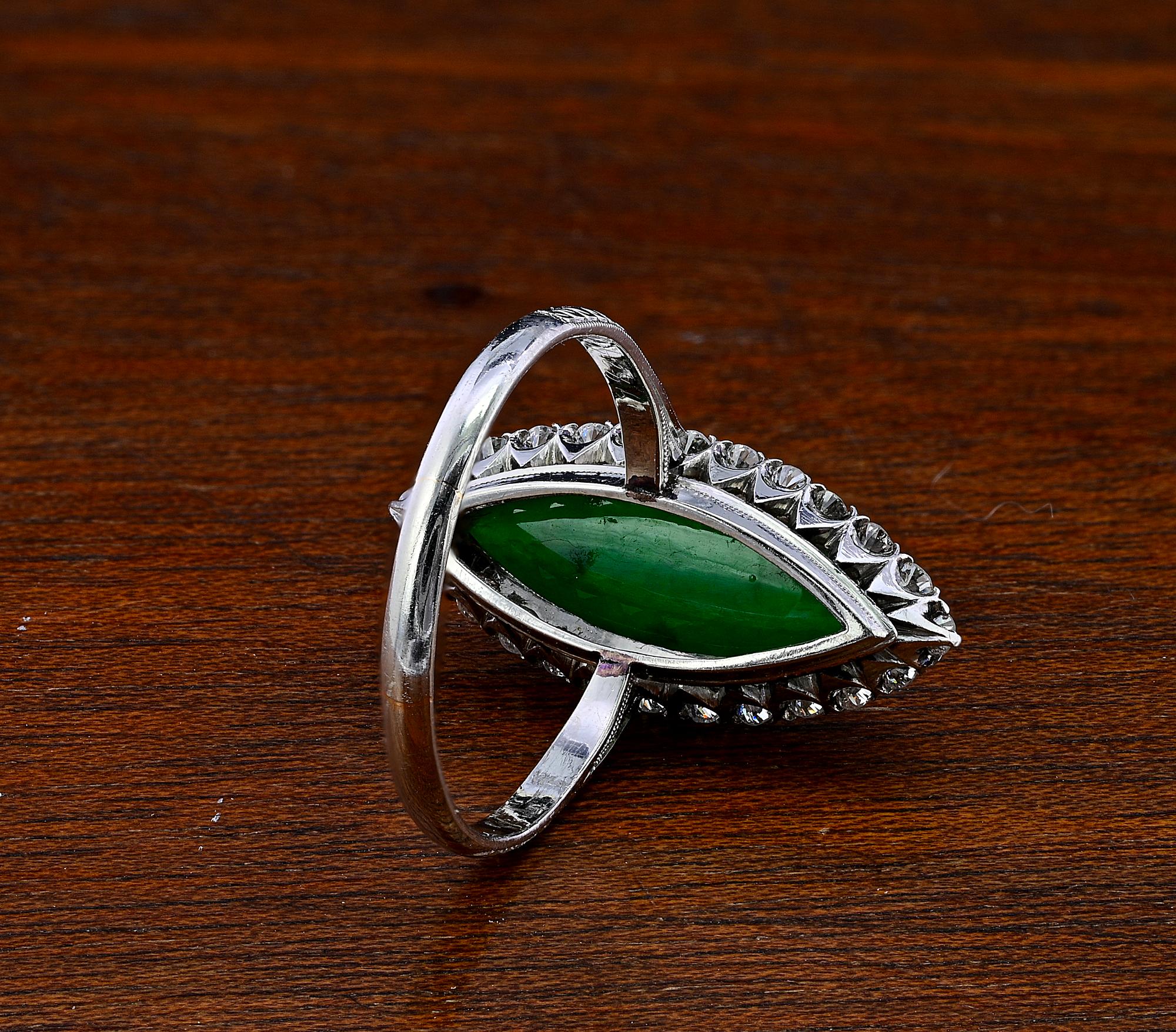 Edwardian Untreated 2.7 Ct Green Jade Diamond Platinum Ring For Sale 2