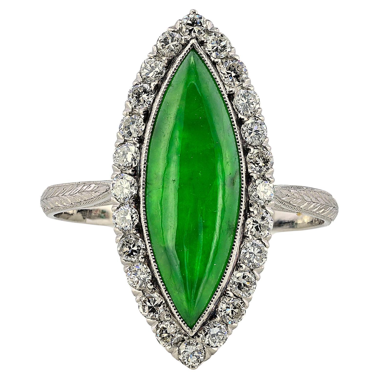 Edwardian Untreated 2.7 Ct Green Jade Diamond Platinum Ring