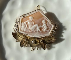 Edwardian Venus & Cupid 18k Yellow Gold Pearl Shell Cameo Brooch Circa 1910