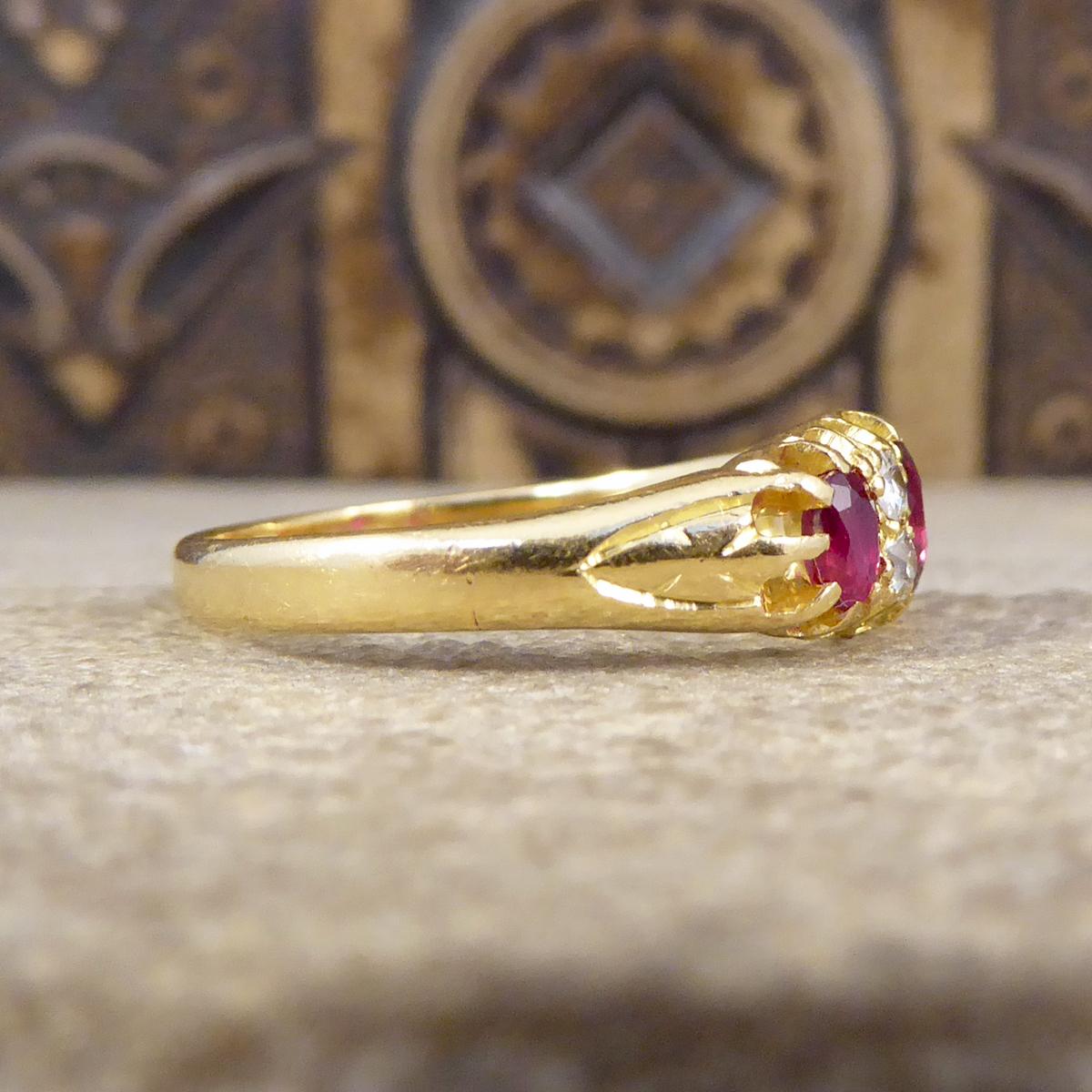Round Cut Edwardian Vibrant Colored Ruby and Diamond Ring in 18 Carat Yellow Gold