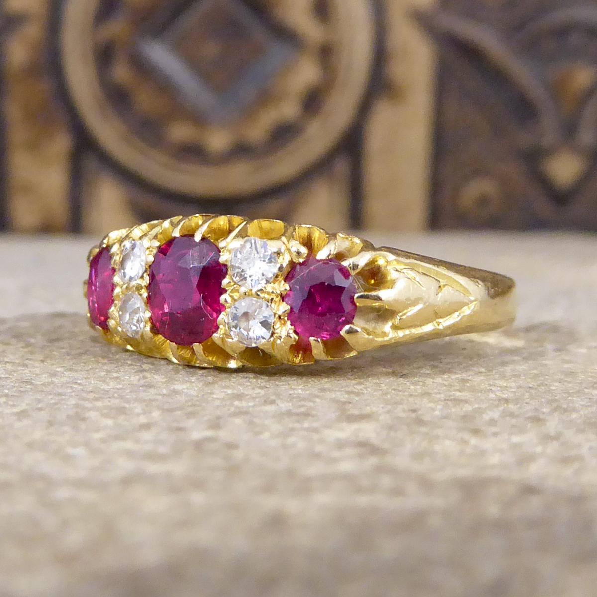 Women's or Men's Edwardian Vibrant Colored Ruby and Diamond Ring in 18 Carat Yellow Gold