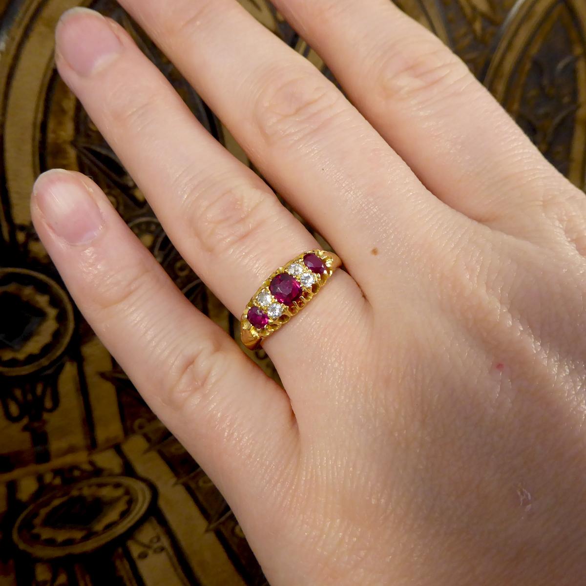 Edwardian Vibrant Colored Ruby and Diamond Ring in 18 Carat Yellow Gold 2