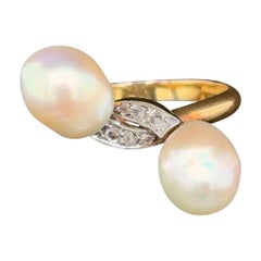 Edwardian Vintage 2 Pearl and Diamond 'Toi et Moi' Platinum on Gold Bypass Ring