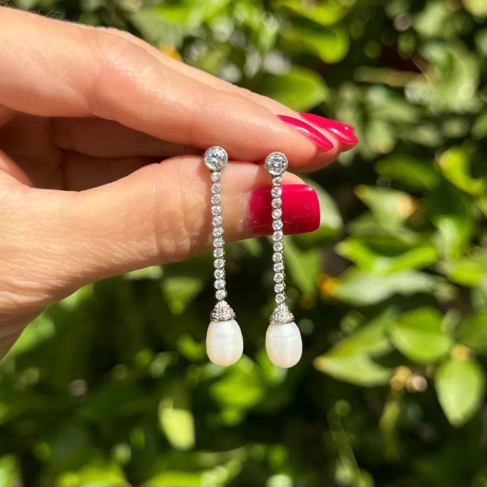 Mixed Cut Edwardian Vintage Diamond and Pearl Platinum Drop Earrings For Sale