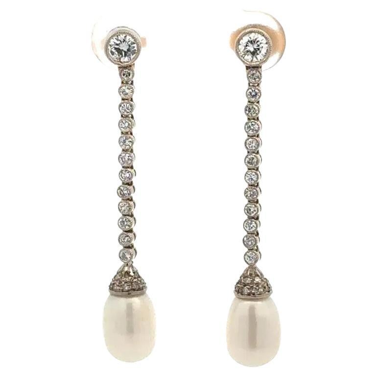 Edwardian Vintage Diamond and Pearl Platinum Drop Earrings