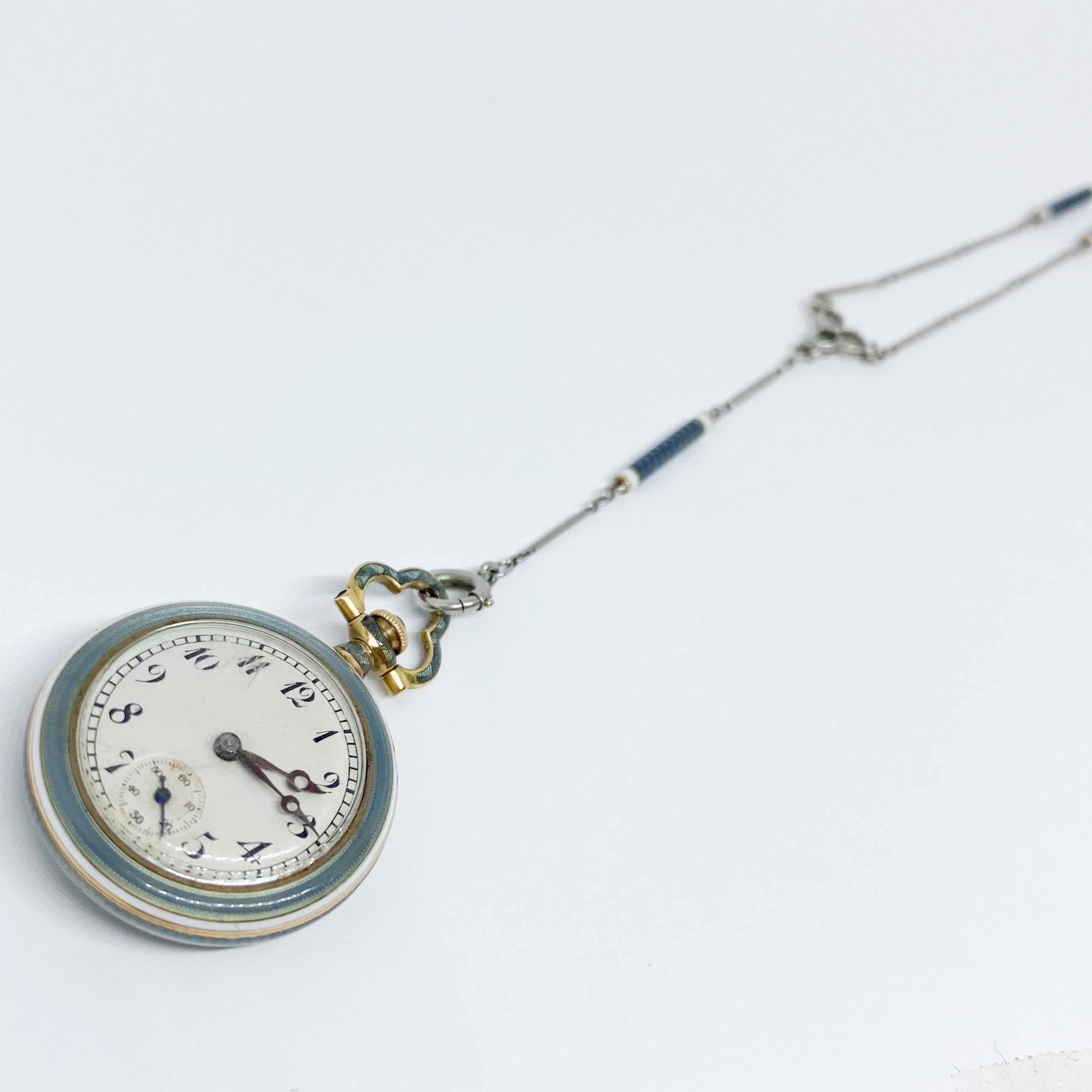 Edwardian Longines Blue Enamel Pendant Watch Platinum and 14 Karat Yellow Gold In Good Condition For Sale In Carmel-by-the-Sea, CA