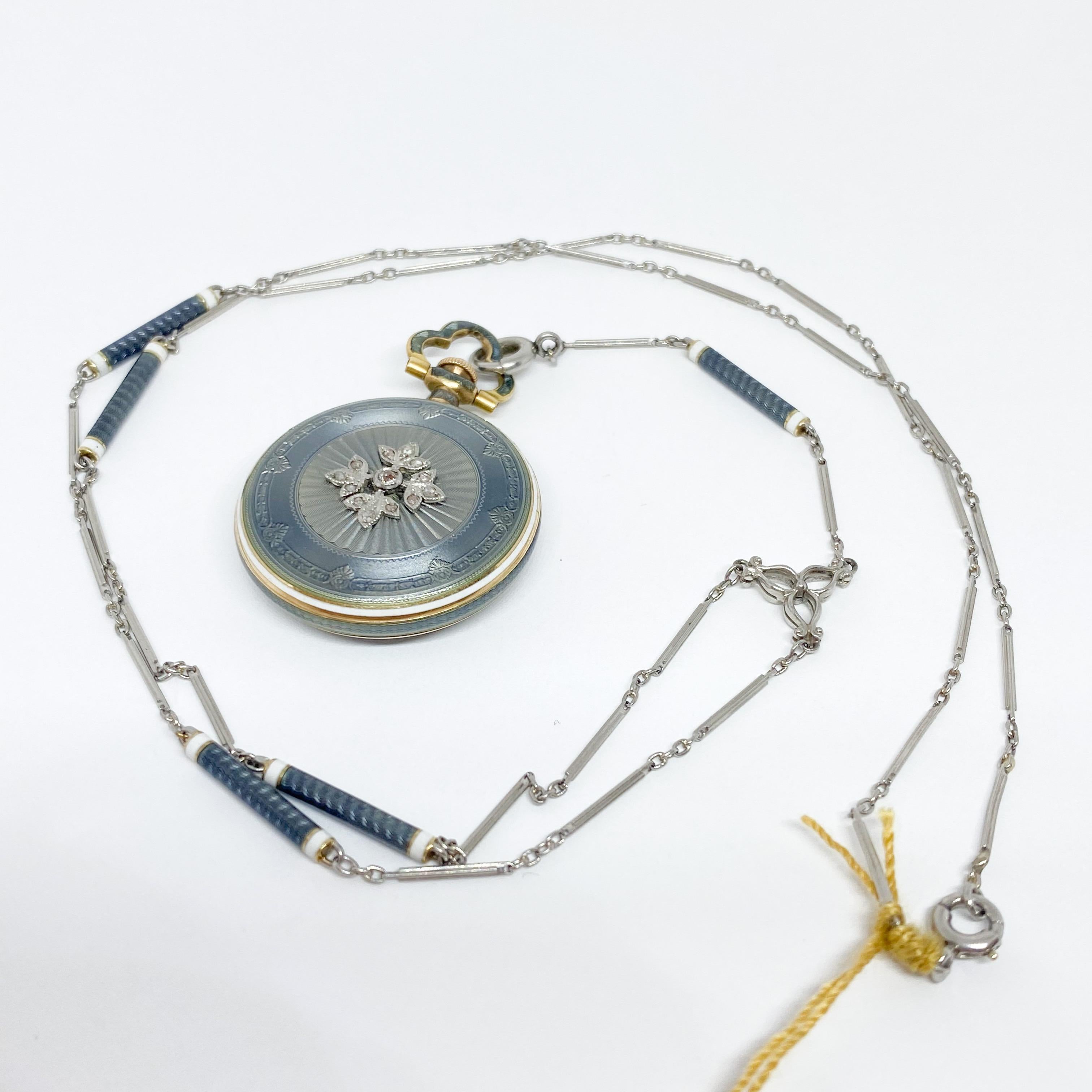 Women's Edwardian Longines Blue Enamel Pendant Watch Platinum and 14 Karat Yellow Gold For Sale