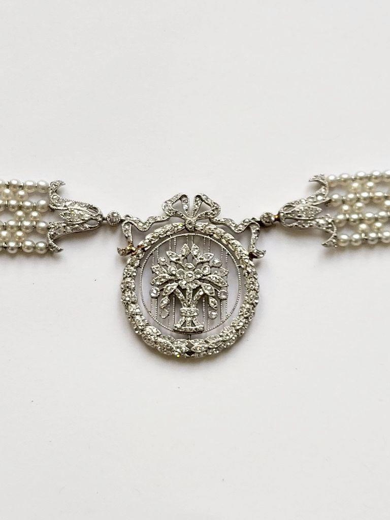 Rose Cut Edwardian Vintage Necklace Platinum Diamonds Seed Pearls ca. 1910 For Sale
