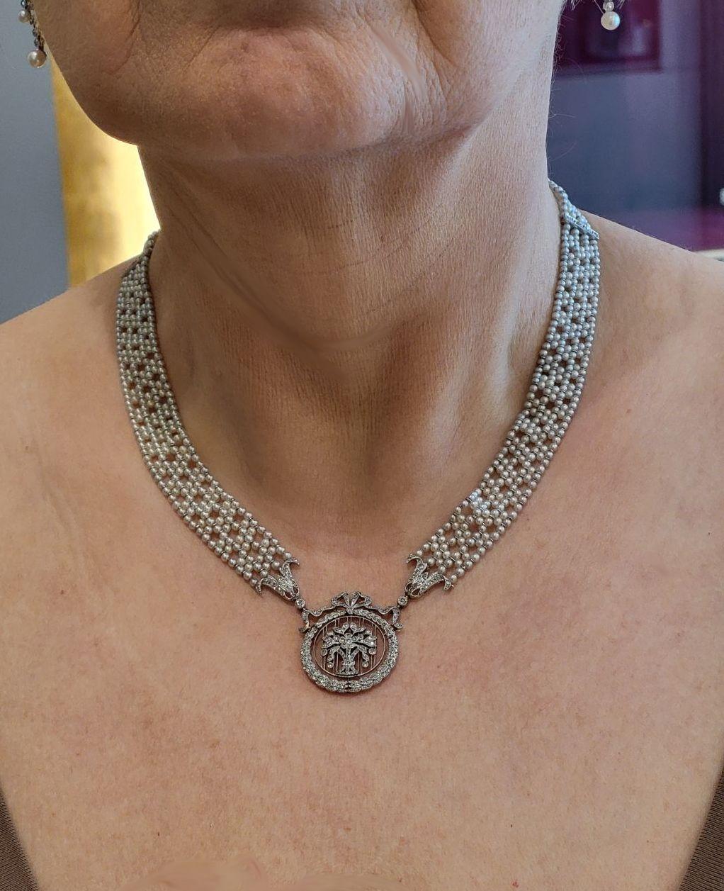 Edwardian Vintage Necklace Platinum Diamonds Seed Pearls ca. 1910 In Excellent Condition For Sale In Berlin, DE