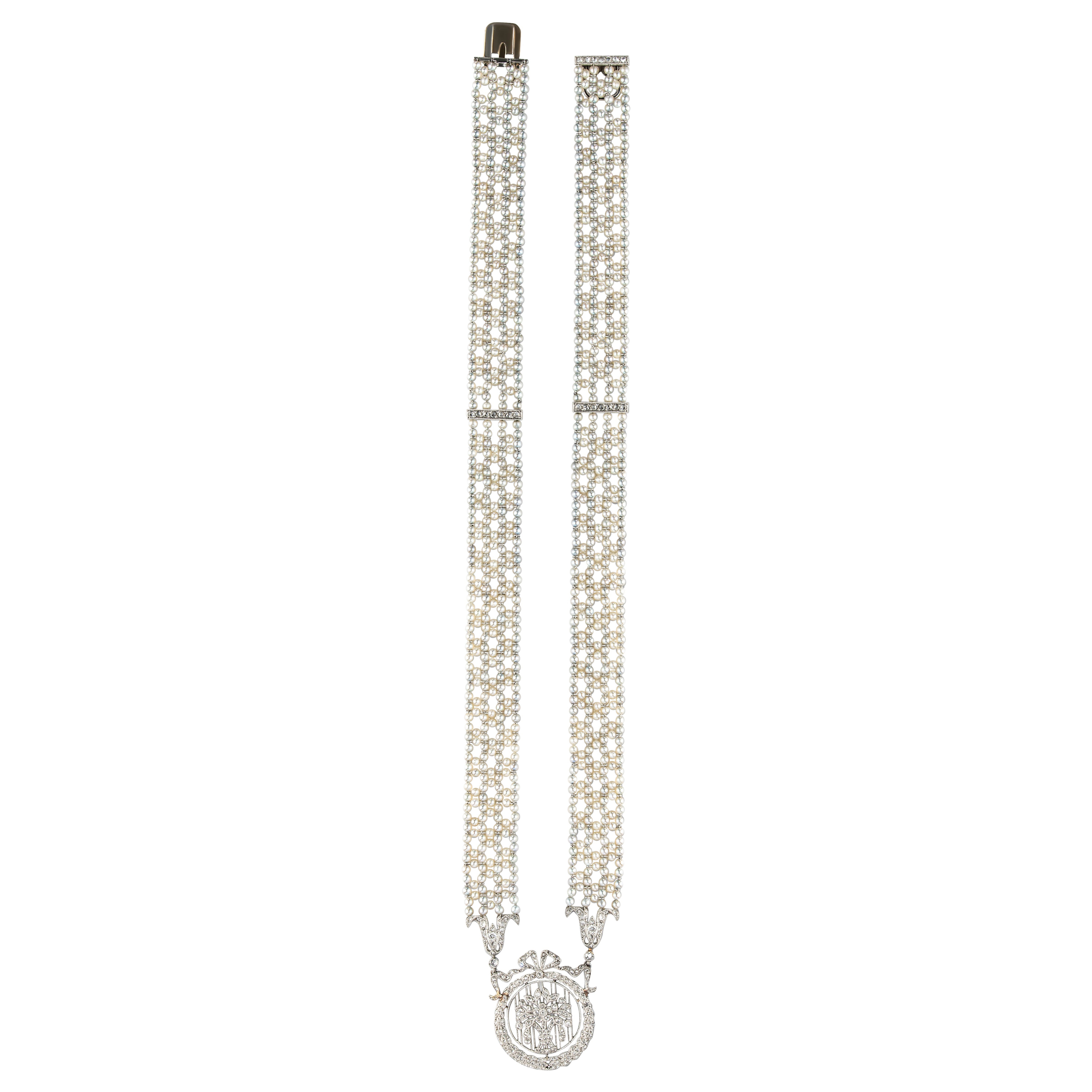 Edwardianische Vintage-Halskette aus Platin mit Diamanten und Saatperlen ca. 1910 im Angebot