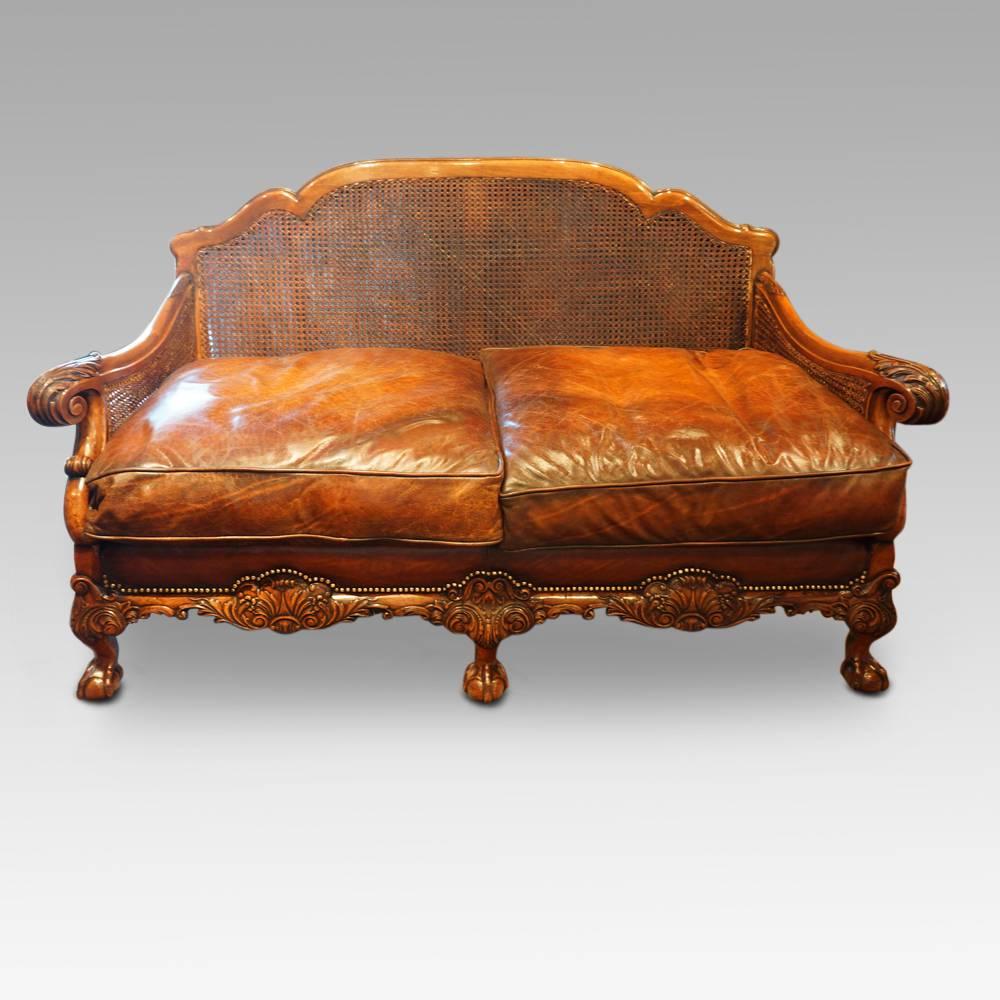 Edwardian Walnut and Leather Bergere Sofa 9