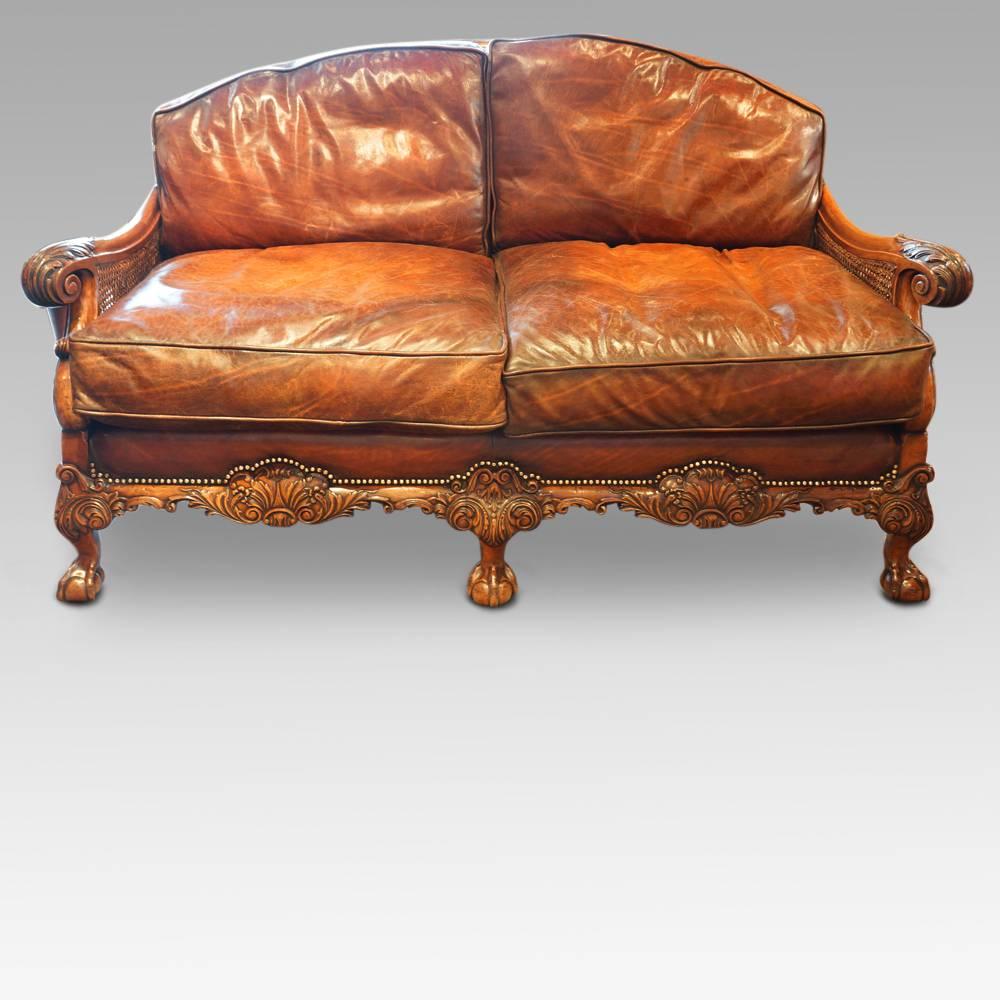 Edwardian Walnut and Leather Bergere Sofa 10