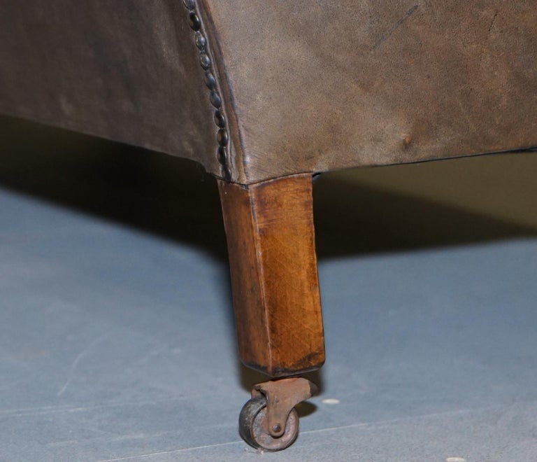 Edwardian Walnut Brown Leather ThreePiece Sofa, Armchairs Suite Tartan