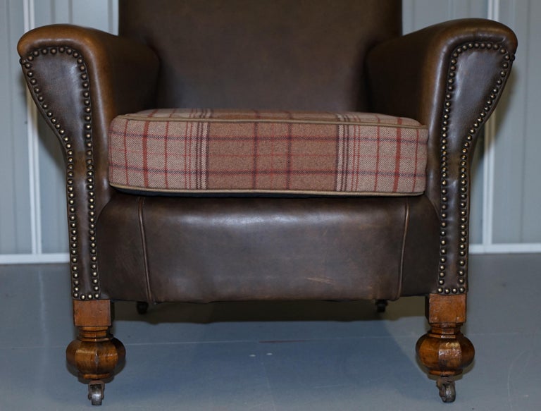 Edwardian Walnut Brown Leather ThreePiece Sofa, Armchairs Suite Tartan