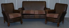 Edwardian Walnut Brown Leather Three-Piece Sofa, Armchairs Suite Tartan Cushions