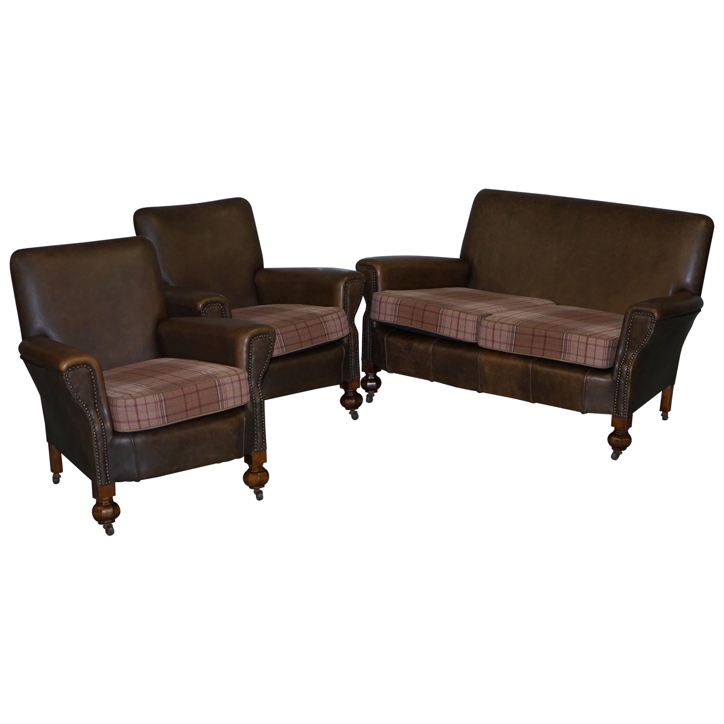 Edwardian Walnut Brown Leather Three-Piece Sofa, Armchairs Suite Tartan Cushions