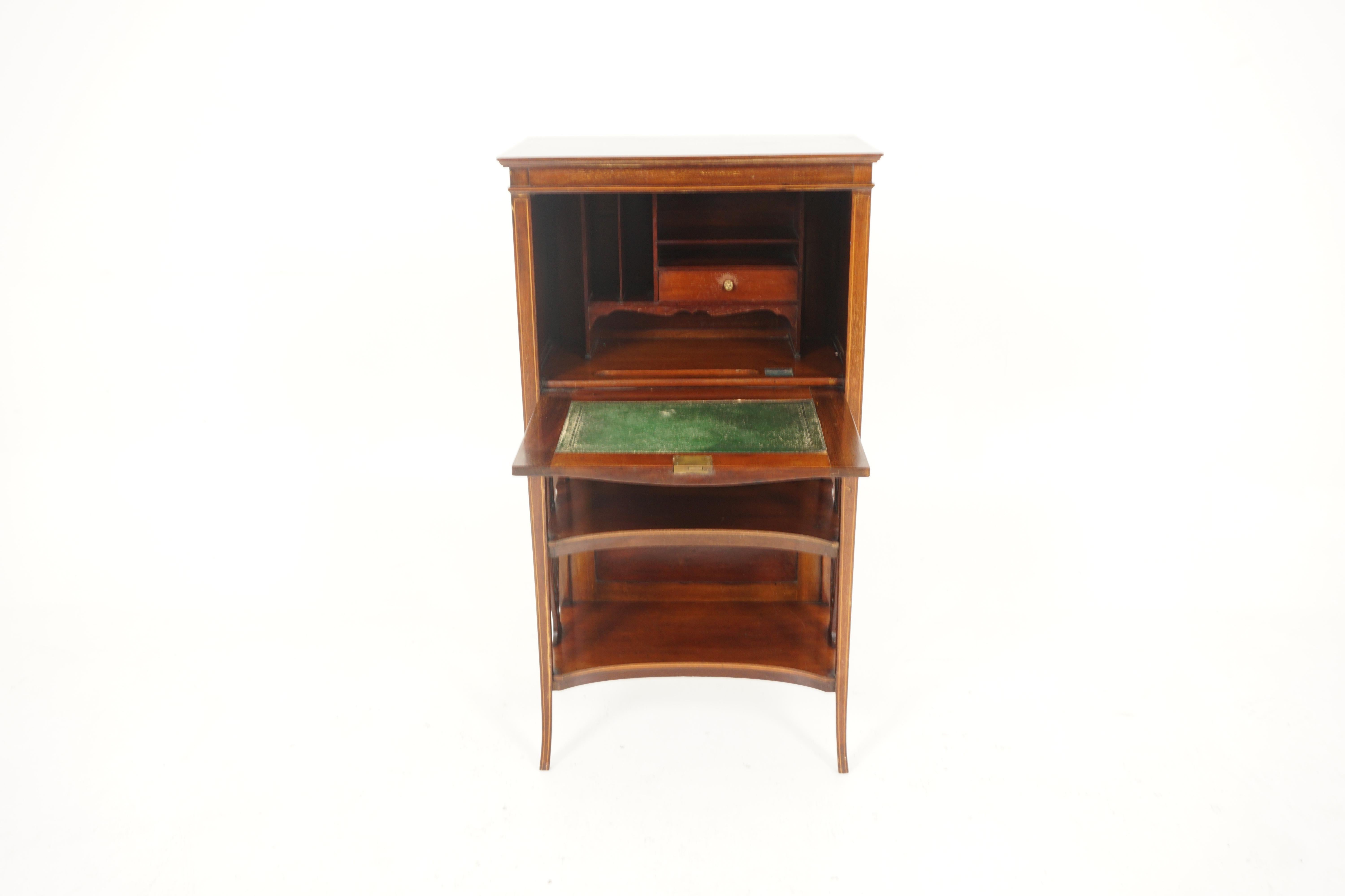 Edwardian walnut inlaid ladies writing drop front desk, Scotland 1910,  H246

Scotland 1910
Solid walnut and veneer
Original finish
Inlaid moulded top
With inlaid paneled front door that falls down to reveal a fitted interior
Leather writing