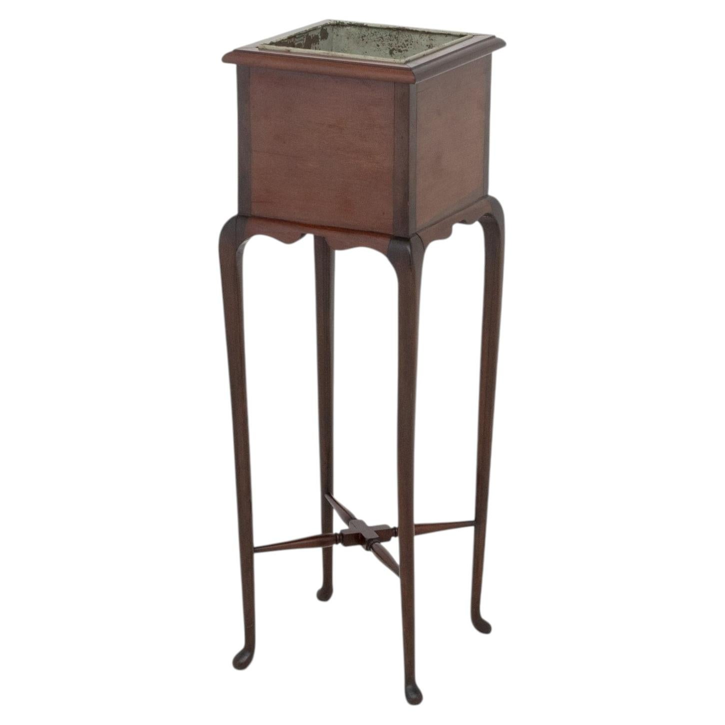 Edwardian Walnut Plant Stand with Metal Liner and X-Form Stretcher