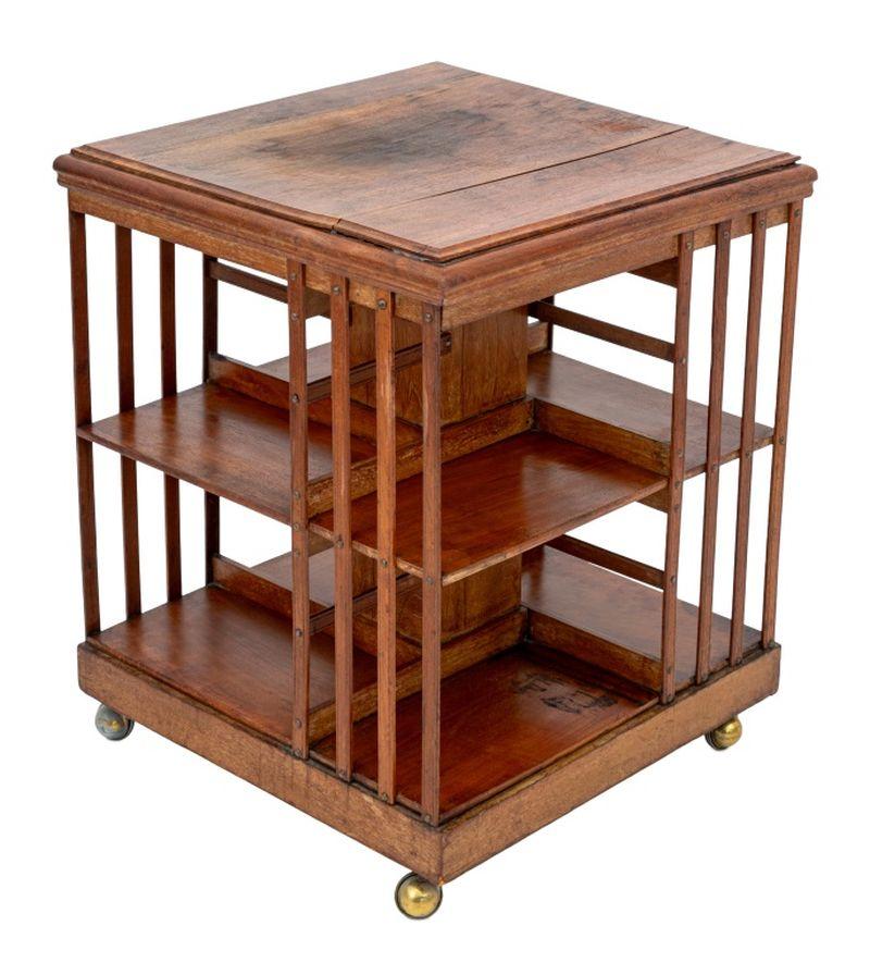 Brass Edwardian Walnut Revolving Bookcase For Sale