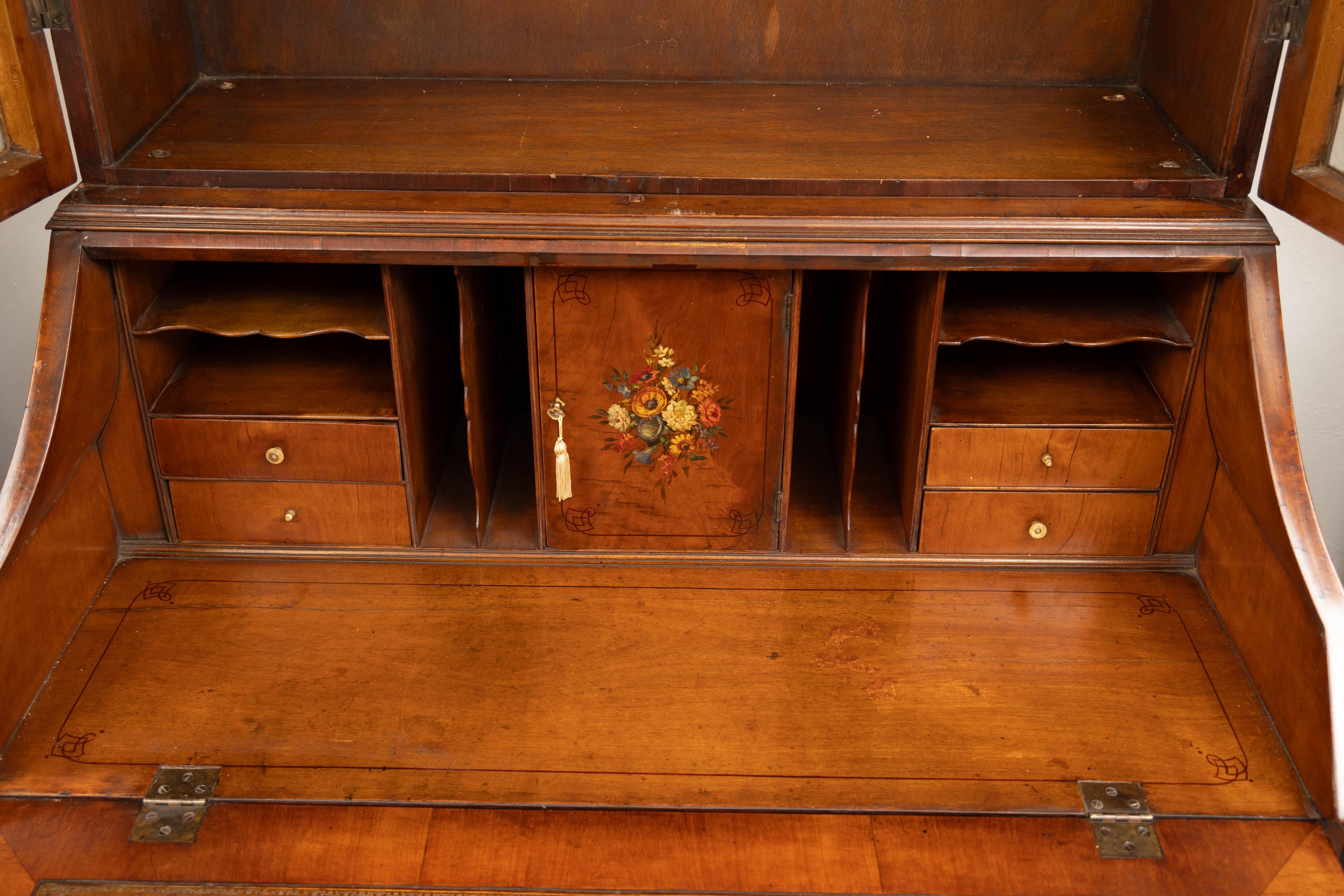 Hand-Painted Edwardian Walnut Secretary with Hand Painted Motifs For Sale