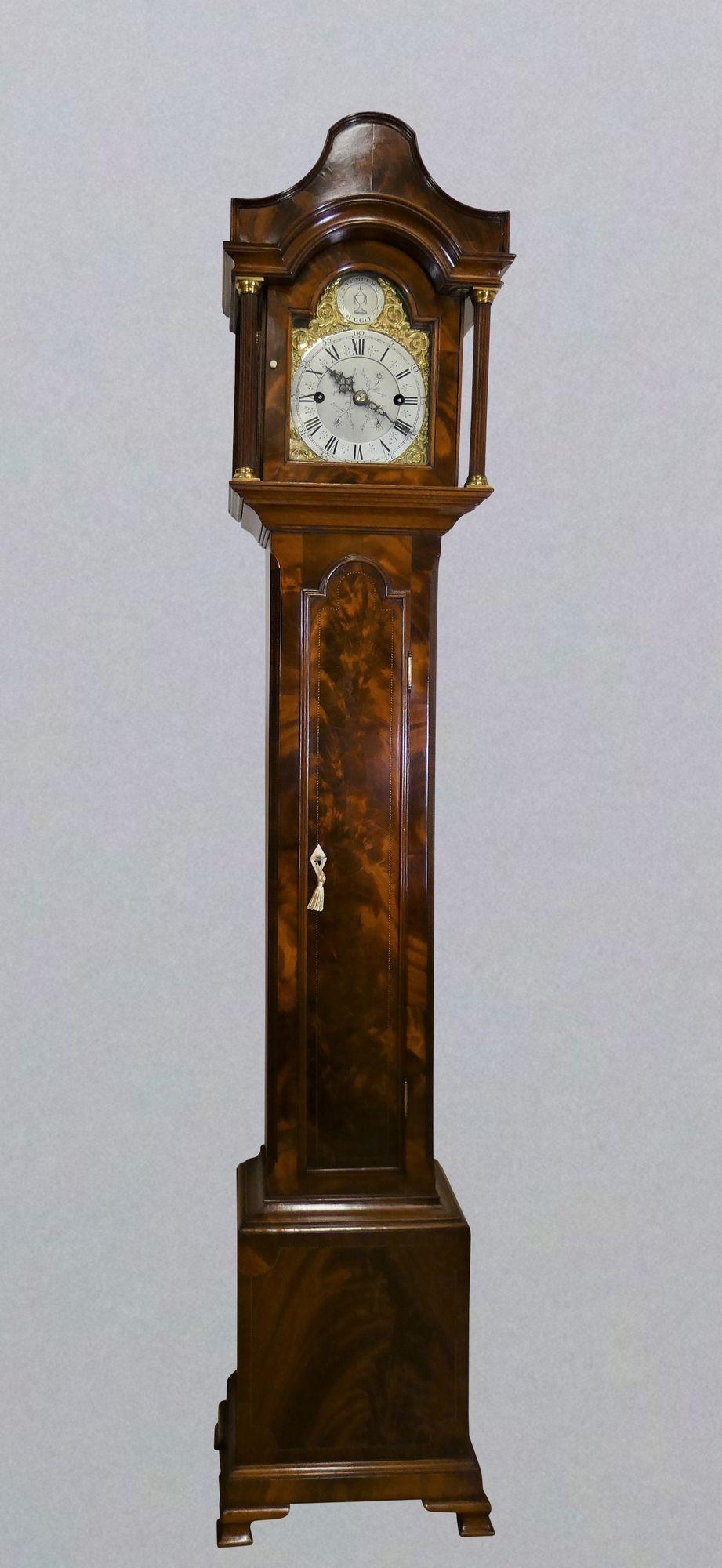 Edwardian walnut cased grandmother clock
 
Edwardian Grandmother clock housed in a walnut case with raised plinth and standing on bracket feet. The base panel decorated with boxwood and ebony chequered stringing, long break arch trunk door with