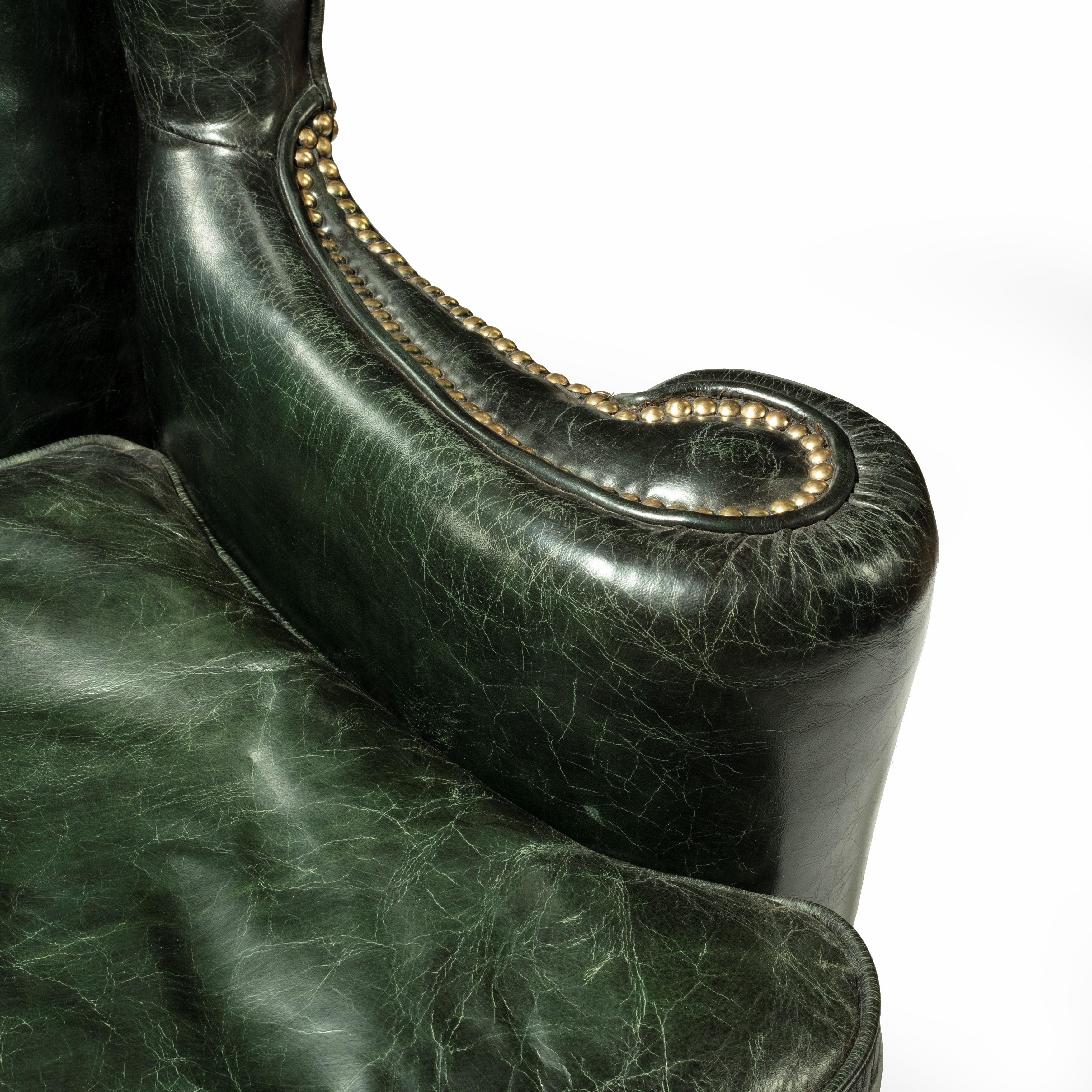 Leather Edwardian Walnut Wing Armchair